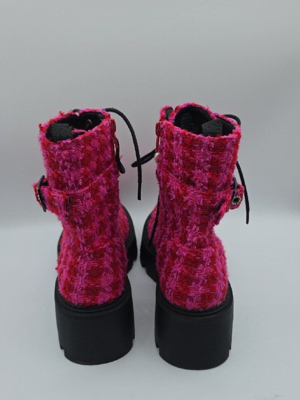 Betsey Johnson Jonnie Hot Pink & Red Tweed Lace-Up Combat Boots w/Pearl Accent - Picture 3 of 15